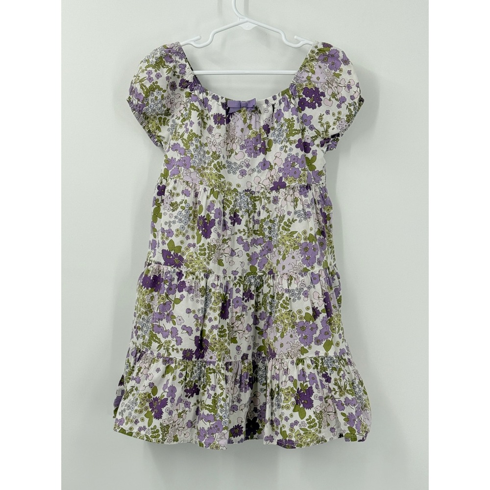 Gymboree Tiered Floral Dress Girls sz 5 Purple Green Cotton Short Sleeve Button